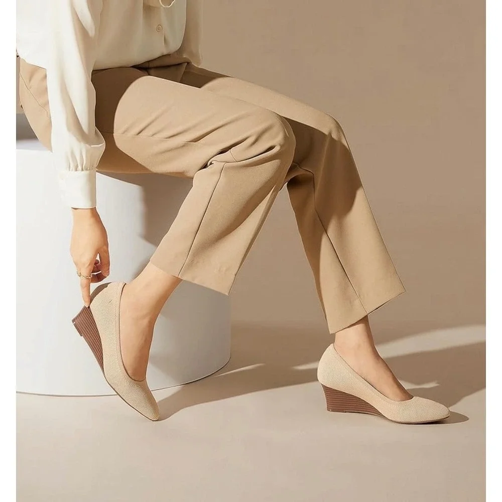 VIVAIA Womens Beige Knit Wedge Heel Pumps Comfortable Slip On‎ Shoes US/10